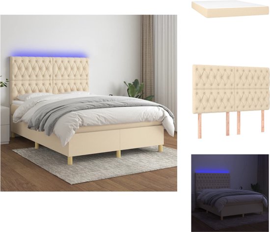 vidaXL Boxspring Crème 203x144x118 cm - Verstelbaar hoofdbord - LED-lampjes - pocketvering matras - huidvriendelijke topmatras - Bed