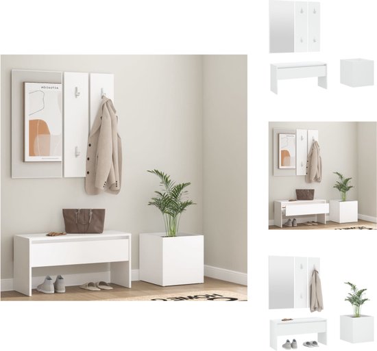 vidaXL Hallway Set White Wood - 80 x 30.5 x 40 cm - Storage Bench with Mirror - Coat Hooks - and Plant Box - Kast
