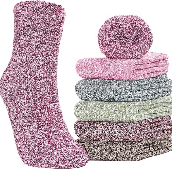 Wintersokken voor dames, 6 paar kleurrijke thermische sokken voor dames, warme sokken, gebreide sokken, ademend, casual wintersokken (meerkleurig, EU-maat 35-42), lichtgroen, donkergroen, roze, wijnrood, rozerood, bruin
