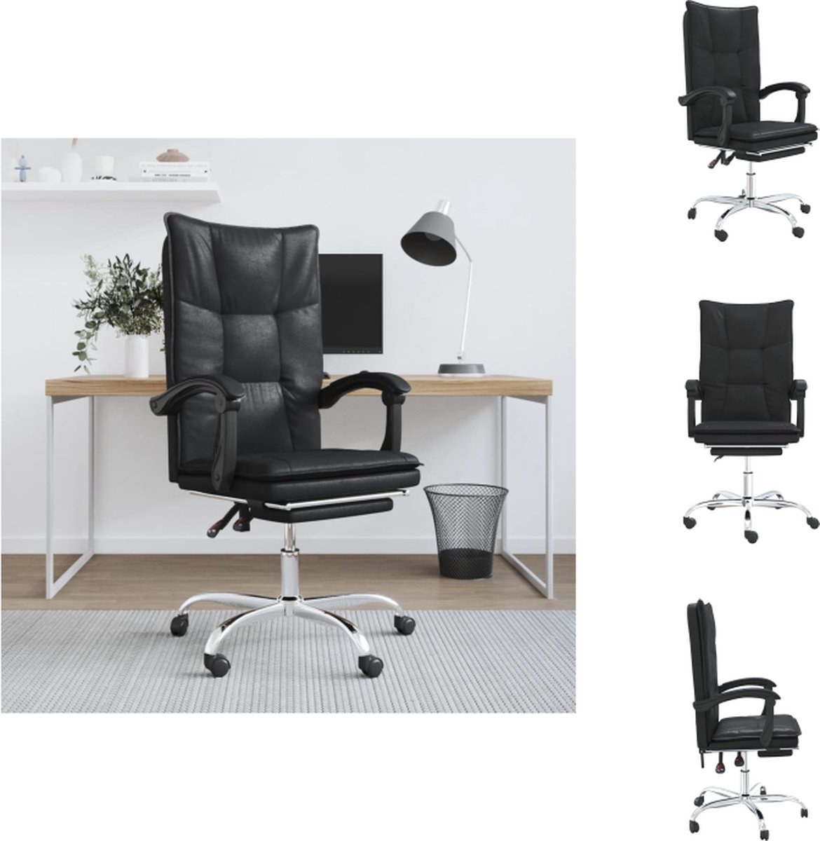 vidaXL Verstelbare bureaustoel - Kunstleer - Zwart - 63x56x(112.5-122)cm - Verstelbare rugleuning en voetensteun - Bureaustoel