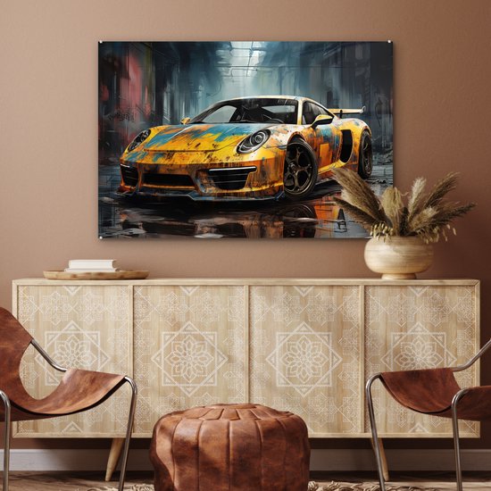MuchoWow® Glasschilderij 120x80 cm - Schilderij acrylglas - Auto - Geel - Verf - Abstract - Foto op glas - Muurdecoratie woonkamer - Wanddecoratie slaapkamer - Schilderijen