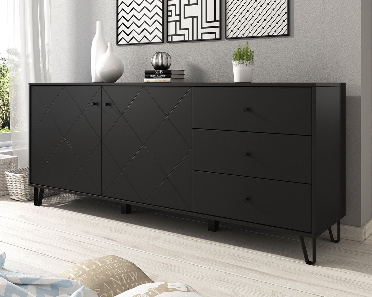 MEUBELLA Dressoir Barlo - Mat Zwart - 183 cm