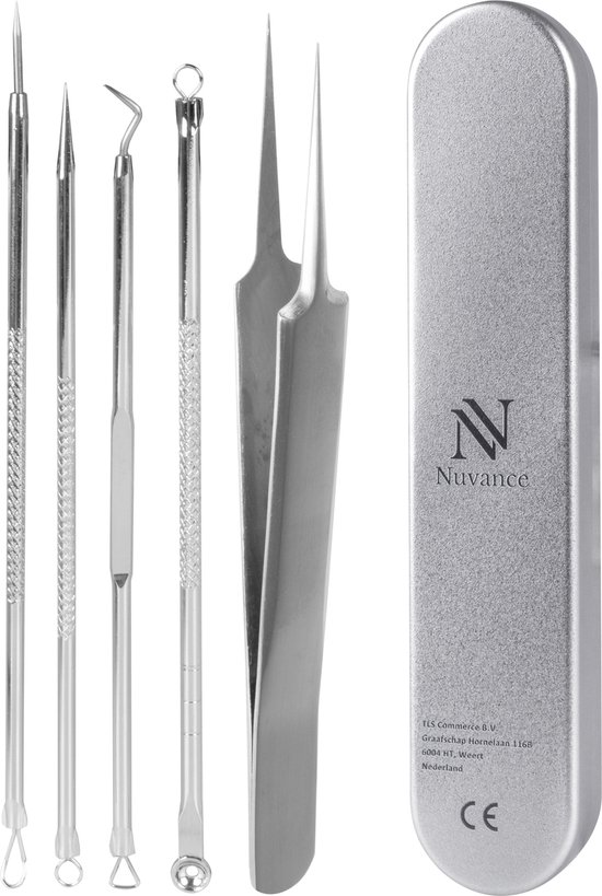 Foto: Nuvance mee eters verwijderen blackhead remover set van 5 mee eter verwijderaar comedonenlepel zilver