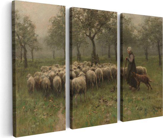 Artaza Canvas Schilderij Drieluik Herderin met Kudde Schapen - Anton Mauve - 150x100 - Groot - Foto Op Canvas - Canvas Print