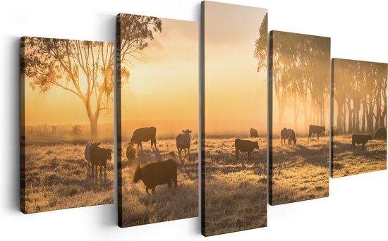 Artaza Canvas Schilderij Vijfluik Kudde Koeien In De Wei Met Zonsopkomst - 200x100 - Groot - Foto Op Canvas - Canvas Print
