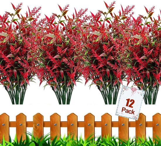 Kunstbloemen, UV-bestendige buxusplanten, kunstmatig, plastic, binnen, buiten, hangende manden, tuin, veranda, bloembak, decoratie, oranje en rood, 12 bundels.