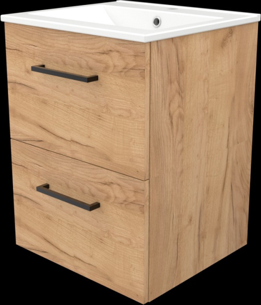 Basic Start 46 badmeubelset met wastafelonderkast met grepen, 2 lades en porseleinen wastafel met 1 kraangat 50 x 46 cm, whisky oak