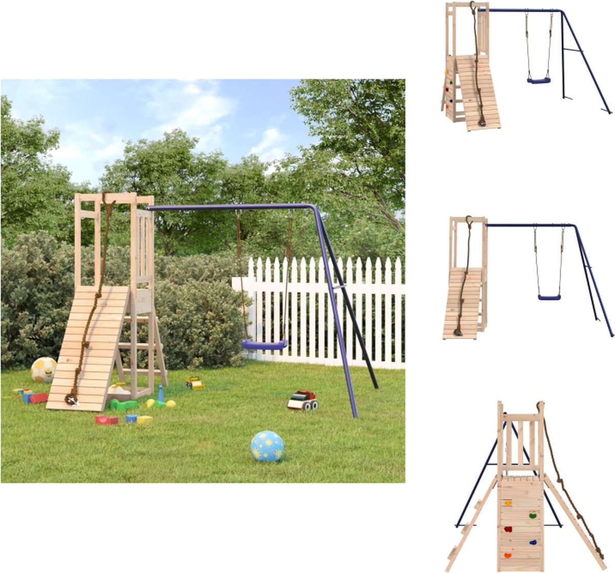 VidaXL Speeltoren Houten buitenspeelhuis 232 x 184 x 169 cm Massief grenenhout Inclusief klimwand en enkele schommel Speeltoestellencombinatie