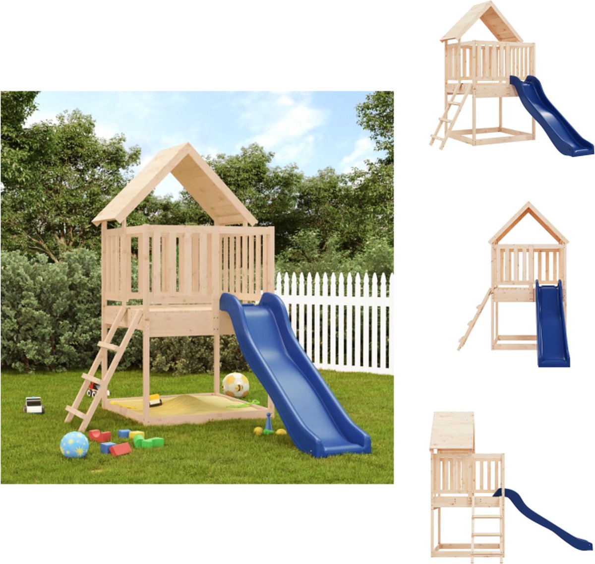 VidaXL Houten Speeltoren 120 x 111 x 228 cm Grenenhout 90 cm hoog platform Golvende glijbaan Speeltoestellencombinatie