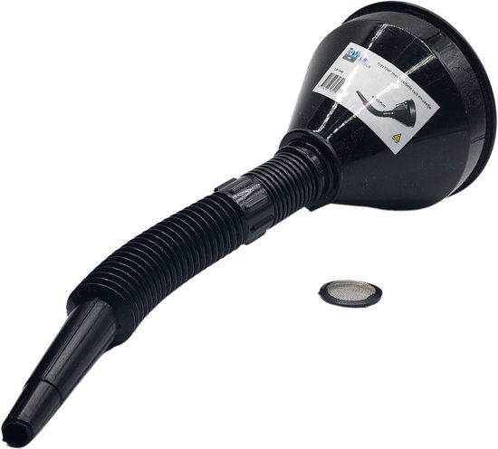 LB Tools zwarte kunststof trechter geschikt voor auto brandstof en olie met zeefje en flexibele tuit voor moeilijk bereikbare plaatsen. - Lowbudget tools
