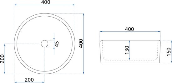 Dessin technique d'un lavabo rond. Dimensions : 40x40x13 cm.