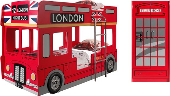 Stapelbed London bus 90x200 cm met LED-verlichting+ 2-deurs kleerkast-rood