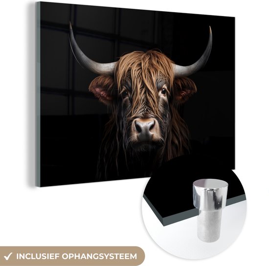 MuchoWow® Glasschilderij 120x80 cm - Schilderij acrylglas - Schotse hooglander - Portret - Zwart - Dier - Foto op glas - Schilderijen