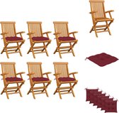 vidaXL Tuinstoelenset Teakhout - 6 stoelen - Wijnrood kussen - 55x60x89cm - Tuinstoel