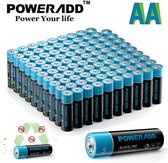 POWERADD 100x Alkaline AA -batterijen (25 blisters a 4 st) 1.5V Duurzame en duurzame LR06 - batterijparti