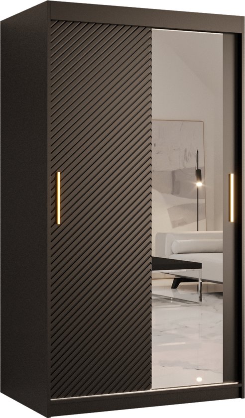 KIER FURNITURE - Garderobekast met spiegel - Garderobekast met schuifdeuren, legplanken en kledingstang - Garderobekast voor slaapkamer, hal
