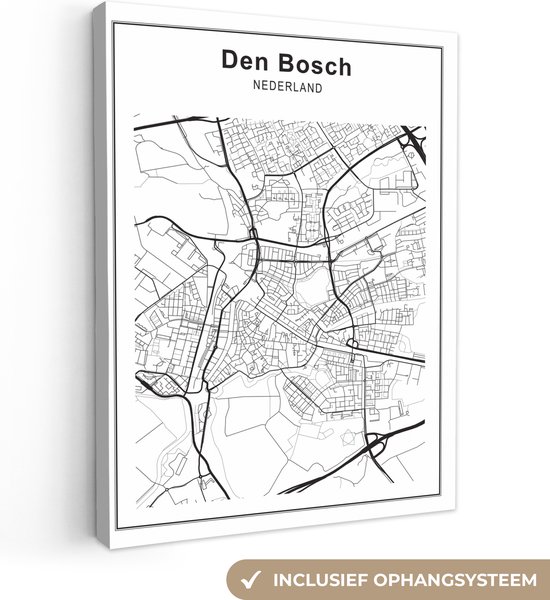 Canvas Schilderij Stadskaart - Den Bosch - Zwart Wit - 60x80 cm - Wanddecoratie