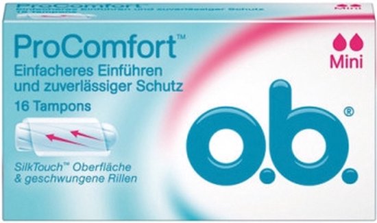 Doos met o.b. ProComfort Mini tampons. 16 stuks. Eenvoudiger inbrengen en betrouwbare bescherming. SilkTouch oppervlak.