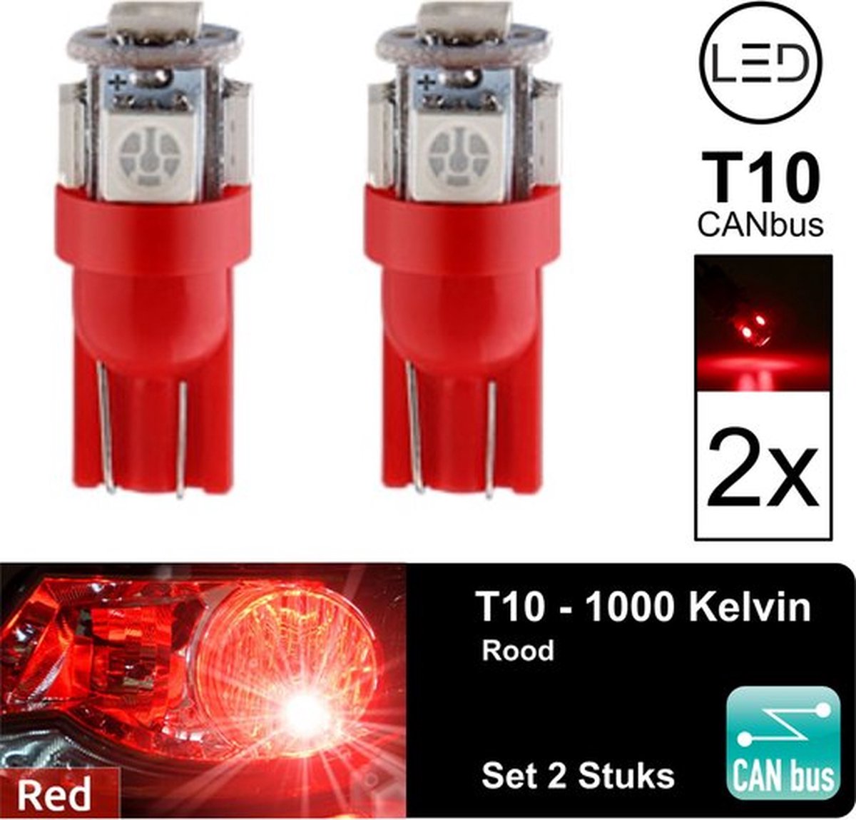 T10 Led Lamp Rood 1000k (Set 2 stuks) Canbus 5W5, W5W, 5 LED, RED, Led  Signal