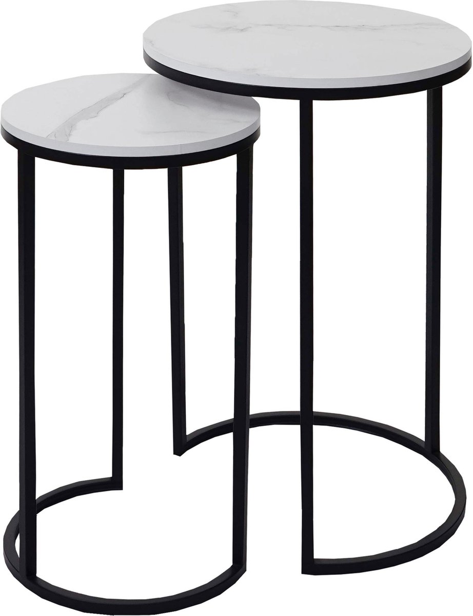 Set van 2 bijzettafels MCW-K46, salontafel nachtkastje loungetafel, marmeren look MDF ~ wit-zwart