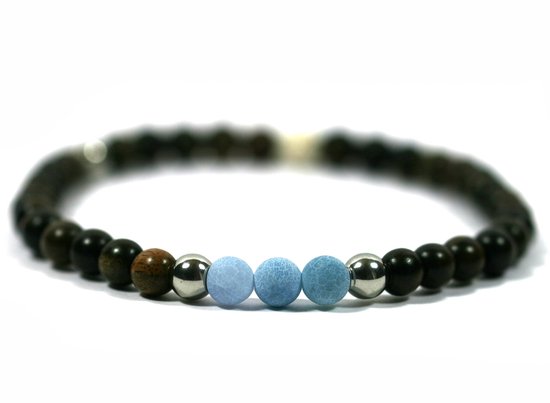 IbizaMen - heren armband - finse houten kralen 6mm - blauw agaat stenen