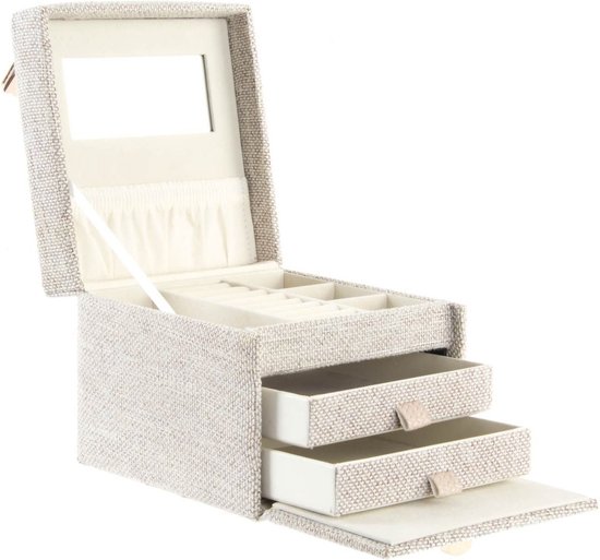Boîte à bijoux/boîte à bijoux de Luxe avec tiroirs beige en tissu 15 x 15,5 x 13 cm - Coffret à bijoux - Beauty case