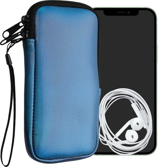 kwmobile sac de téléphone universel adapté aux smartphones XXL - 7" - 17,7 x 8,5 cm - Étui avec fermeture éclair et dragonne -En bleu caraïbes métallisé -