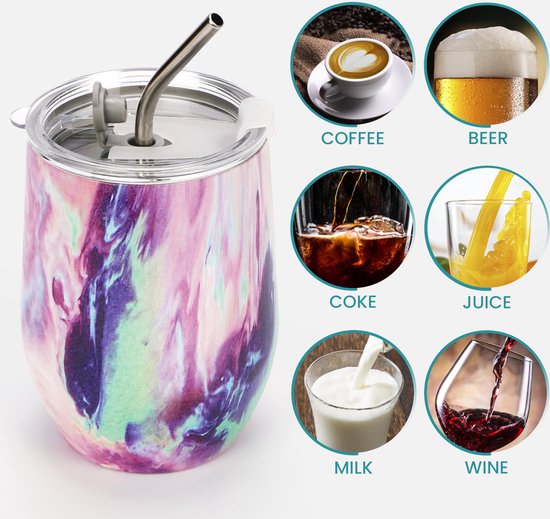 Mok met marmerprint in roze, paars en groen, met roestvrijstalen rietje, en afbeeldingen van koffie, bier, cola, sap, melk en wijn.