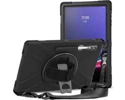 Hoes Geschikt voor Samsung Galaxy Tab S9 Ultra - Back Cover met Handriem - 360° Draaibare Kickstand Standaard - Beschermhoes Zwart