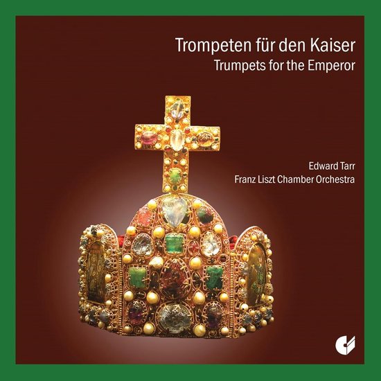 Een gedetailleerde gouden kroon versierd met juwelen, parels en kruis bovenaan. Titel "Trompeten für den Kaiser" en artiest Edward Tarr.