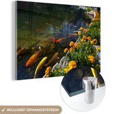 MuchoWow® Glasschilderij 30x20 cm - Schilderij acrylglas - Koi karpers in een vijver met bloemen - Foto op glas - Schilderijen