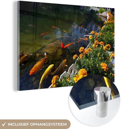 Peinture sur verre - Carpe koï dans un étang avec des fleurs - 30x20 cm - Peintures sur Verre Peintures - Photo sur Glas
