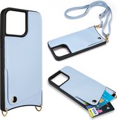 Casemania Hoesje Geschikt voor Apple iPhone 15 Pro Blauw - Back Cover met Bandje - Pasjeshouder & Koord