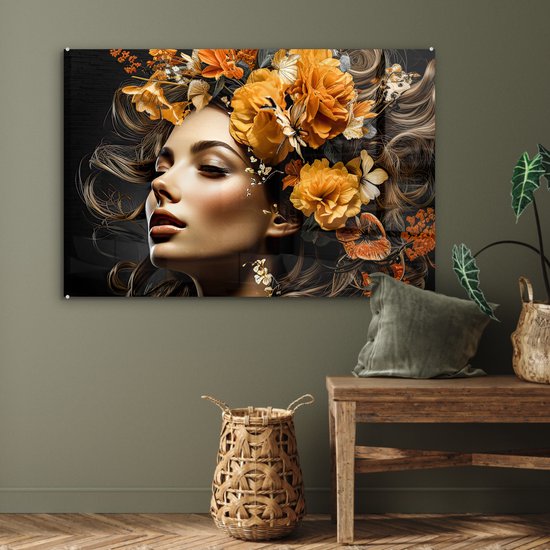 Peinture sur verre 120x80 cm - Femme fleurs - Photo sur verre - Tableau salon portrait - Tableaux plexiglas chambre - Décoration chambre plaque de verre - Décoration Décoration murale peintures sur verre - Décoration murale colorée