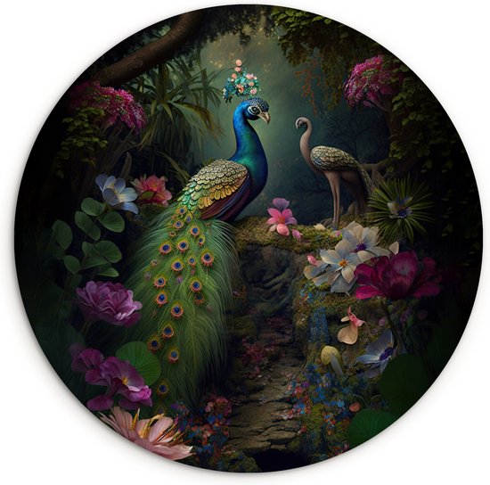 Wandcirkel natuur - Pauw - Bloemen - Jungle - Tropisch - Ronde schilderijen - Ronde wanddecoratie - Muurcirkel - Woonkamer - 120x120 cm - Schilderij rond - Muurdecoratie cirkel