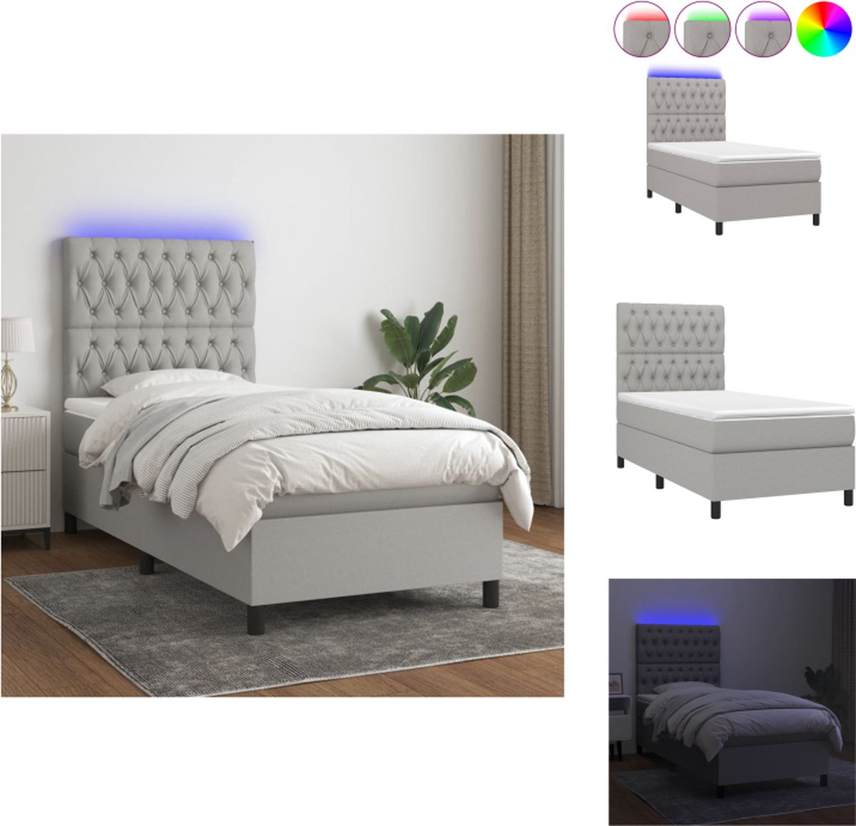 VidaXL Boxspring LED 193 x 90 x 118 128 cm Lichtgrijs Stof Pocketvering matras Bed