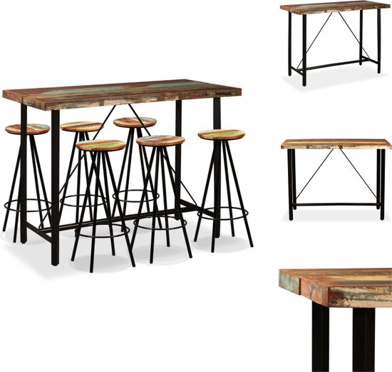 vidaXL Industriële bartafel en 6 barkrukken - 150x70x107 cm - massief gerecycled hout en staal - Set tafel en stoelen