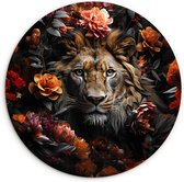 WallCircle - Wandcirkel 60x60 cm - Natuur leeuw bloemen - Ronde schilderijen woonkamer - Wandbord rond - Muurdecoratie cirkel - Kamer decoratie binnen - Wanddecoratie muurcirkel - Woonaccessoires dieren - Leeuw schilderij