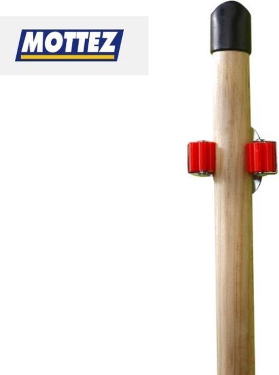 Mottez gereedschapshouder met rode klemmen aan een houten stok met zwarte dop.