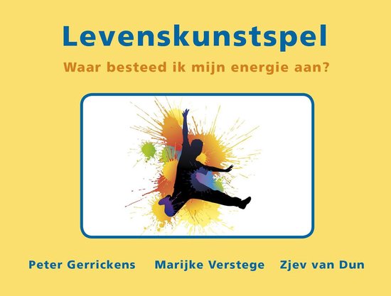 Levenskunstspel Waar besteed ik mijn energie aan? met springende silhouet in kleurexplosie.