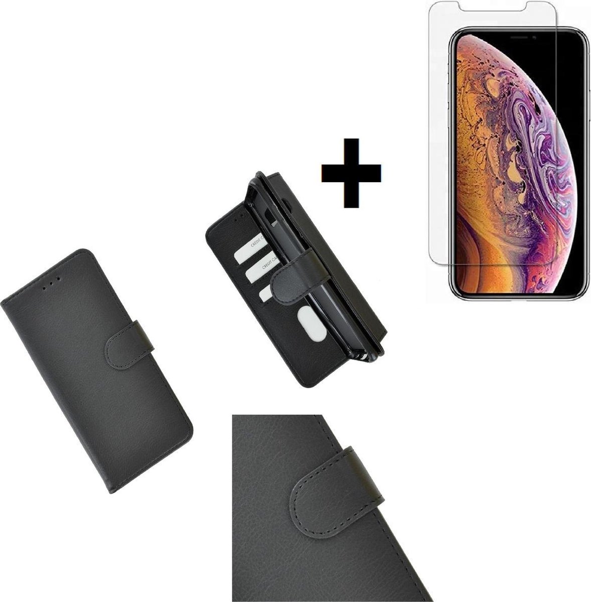 Geschikt voor iPhone 11 Pro Hoesje - Bookcase - 11 Pro Screenprotector - Wallet Cover Zwart + Screen Protector Tempered Gehard Glas
