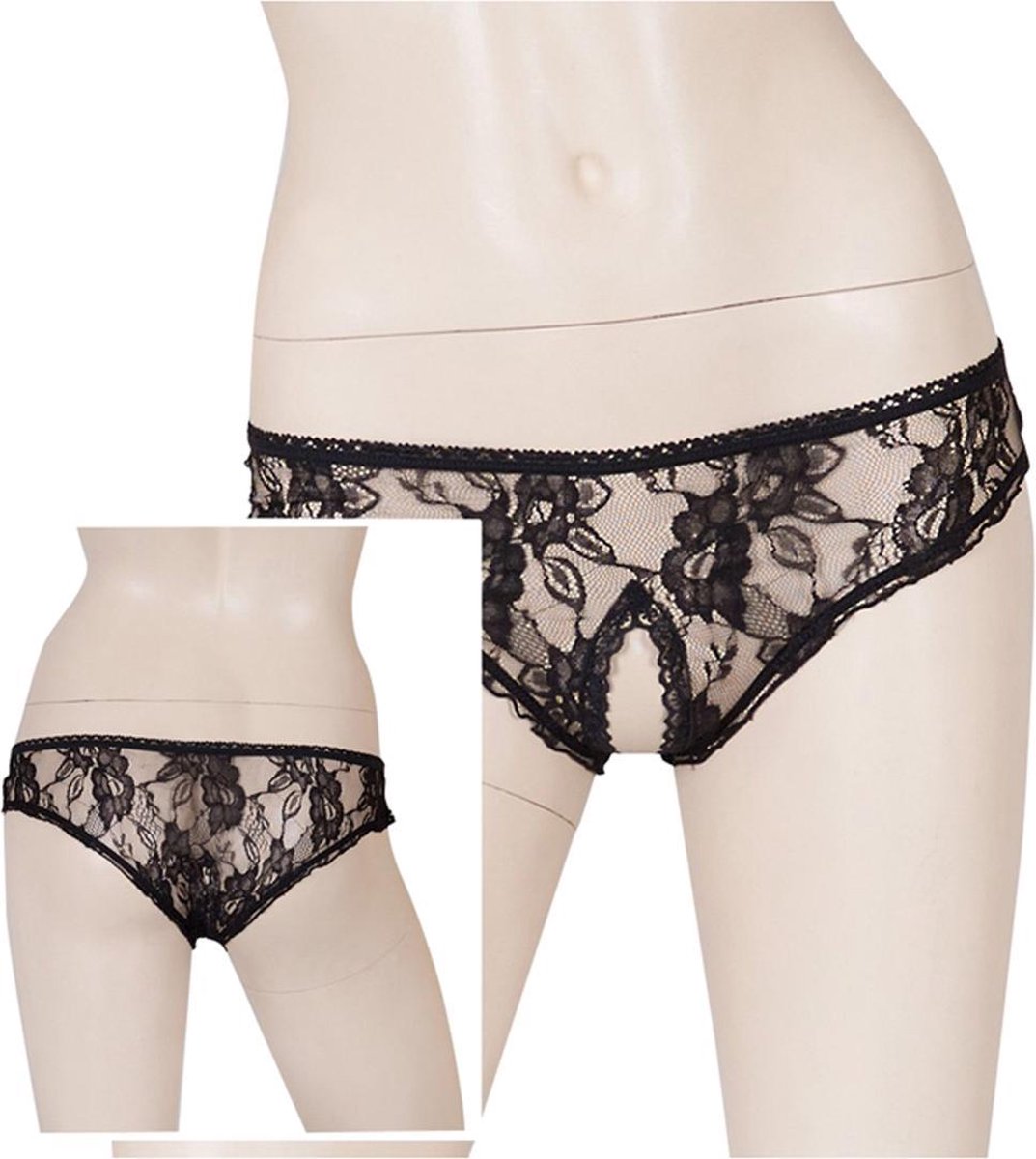 Cottelli Collection – Slipje met Open Kruis voor Spannende Dates met Bloemen Motief – Maat XL - Zwart