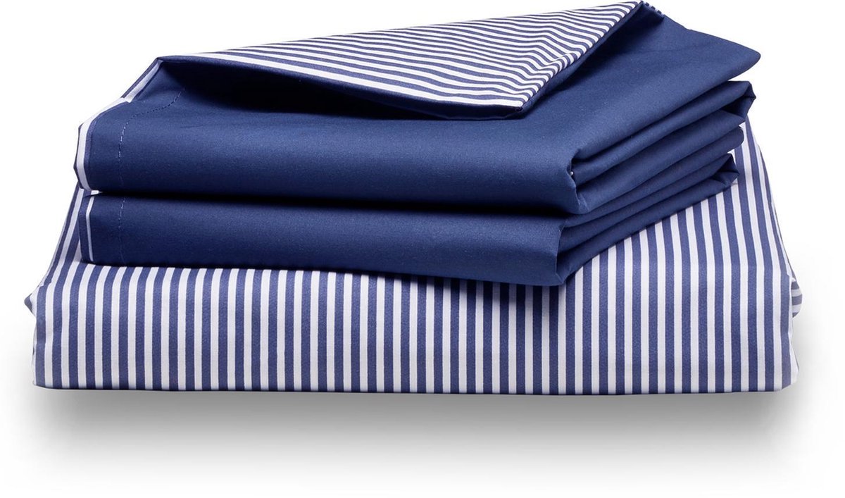 Overtrekset percal katoen striped deep blue | Overtrekset | 200x220cm + 2/60x70cm | Blauw | Van Morgen