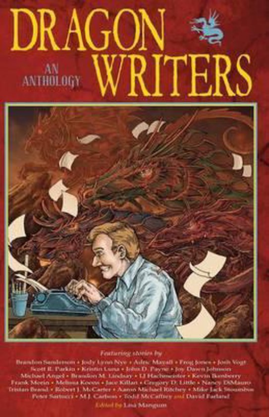Boekomslag van 'Dragon Writers', een bloemlezing met op de voorgrond een man die aan een typemachine schrijft, omringd door rode draken en rondvliegende papieren.