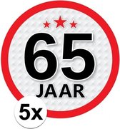 5x 65 Jaar leeftijd stickers rond 15 cm - 65 jaar verjaardag/jubileum versiering 5 stuks