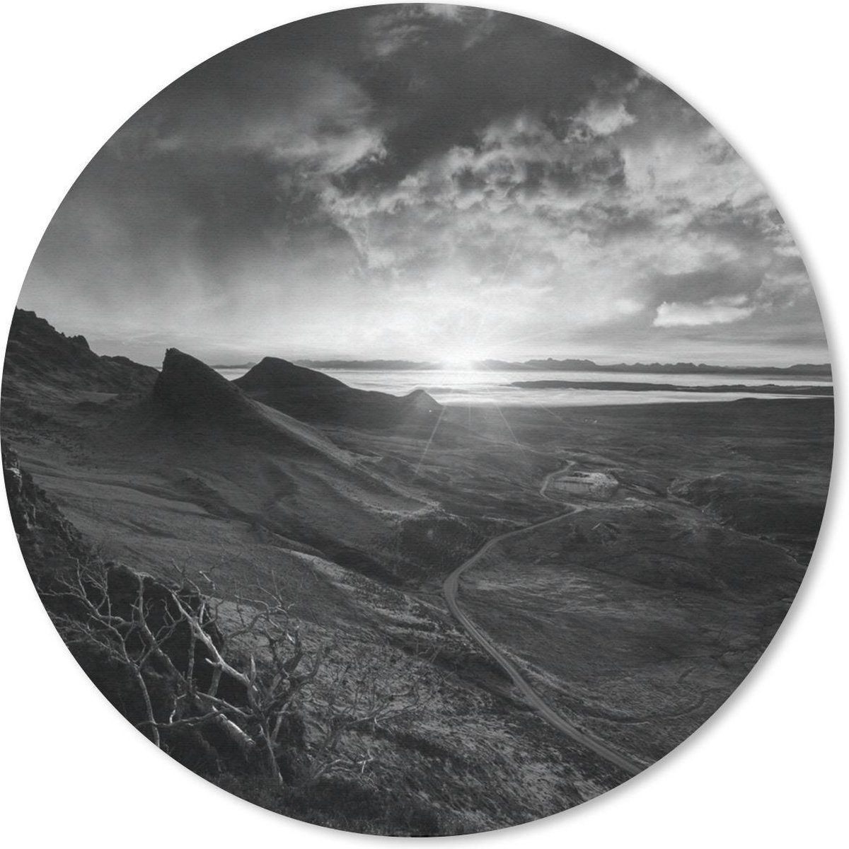 Muismat rond 50x50 cm - Mousepad Zonsondergang op Skye in zwart-wit - Ronde muismatten