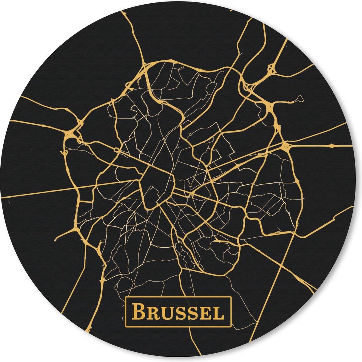 Muismat - Mousepad - Rond - Kaart - Brussel - België - Goud - Zwart - 40x40 cm - Ronde muismat