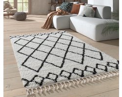 Flycarpets Candy Diamond Vloerkleed - Crème / Zwart Geruit - Hoogpolig - 120x170 cm