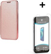 ShieldCase gegalvaniseerde flipcase geschikt voor Apple iPhone 12 Pro Max 6.7 inch - roze + glazen Screen Protector - Bookcase met pasjeshouder - Pashouder hoesje siliconen / leer - Shockproof beschermhoesje - Shock proof case + glas