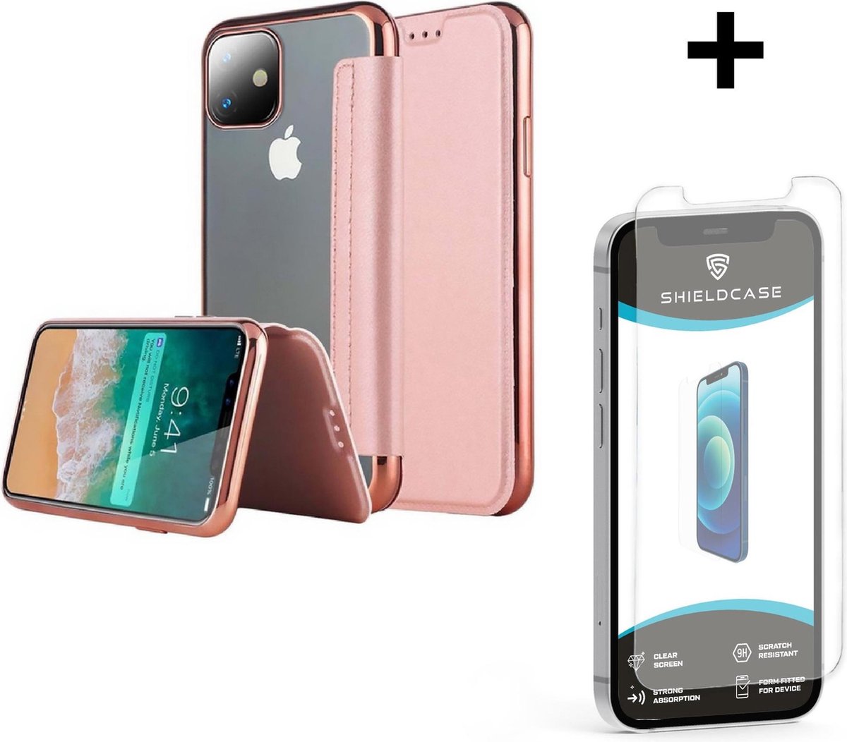 ShieldCase gegalvaniseerde flipcase geschikt voor Apple iPhone 12 / 12 Pro - 6.1 inch - roze + glazen Screen Protector